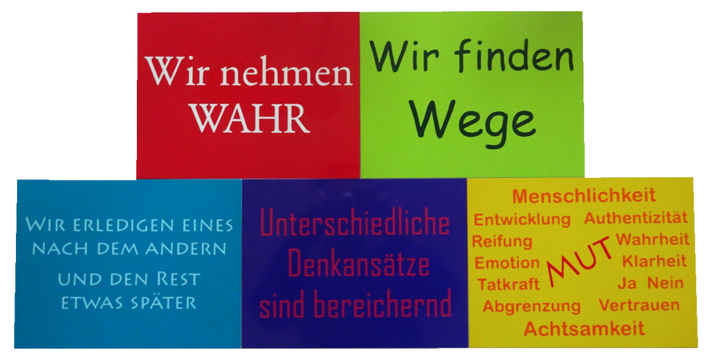 Die Leitsätze lauten: - Wir nehmen Wahr - Wir finden Wege - Wir erledigen eines nach dem anderen und den Rest etwas später - Unterschiedliche Denkansätze sind bereichernd - Mut zu Menschlichkeit, Entwicklung, Reifung, Emotion, Tatkraft, Abgrenzung, Achtsamkeit, Authentizität, Wahrheit, Klarheit, Ja, Nein, Vertrauen